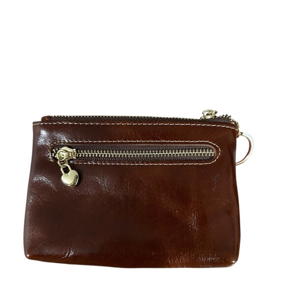 Small Brown Dual Zipper Leather Coin Purse With Gold Heart Zipper Pull - Picture 2 of 5
